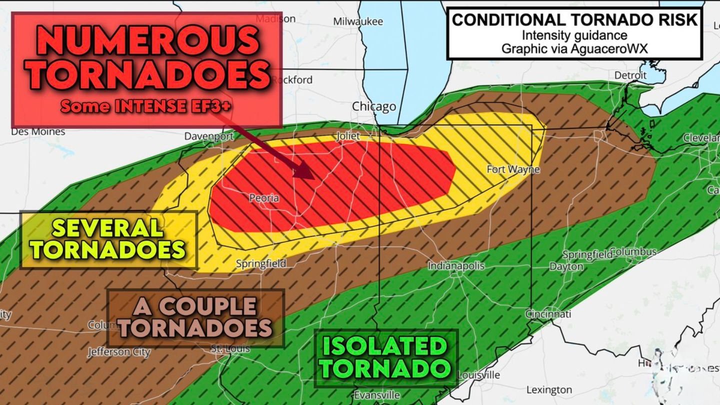 Northern Illinois and Northwest Indiana Under Upgraded Tornado Threat: Numerous Twisters, Some Intense EF3+, Possible Near Peoria, Kankakee, Bloomington and Rensselaer