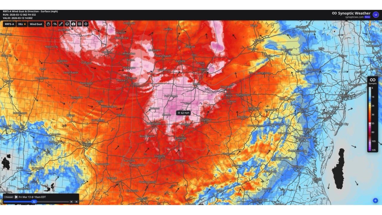 Ohio, Indiana, Michigan and Pennsylvania Brace for 60+ MPH Wind Gusts as Powerful System Targets Great Lakes and Mid-Atlantic