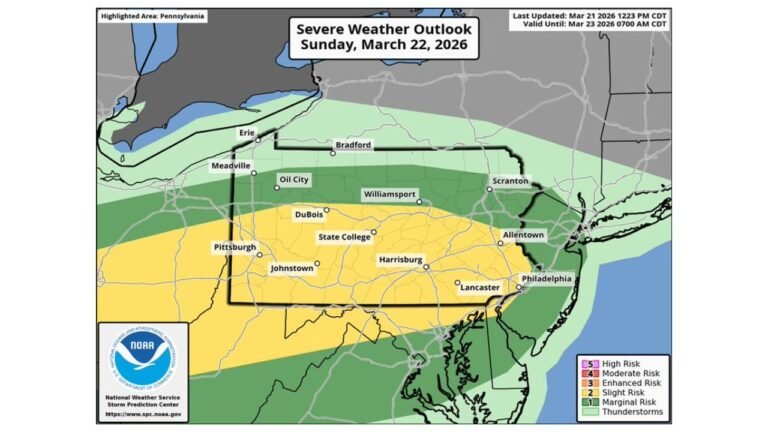 Pennsylvania Severe Storm Risk Expands North and East With Pittsburgh, State College, Harrisburg and Philadelphia in Sunday Impact Zone