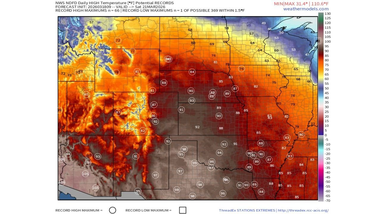 Plains Heat Dome Ignites Early Season Record Threat Across Texas, Oklahoma, Kansas as Temperatures Surge Toward 100°F in March