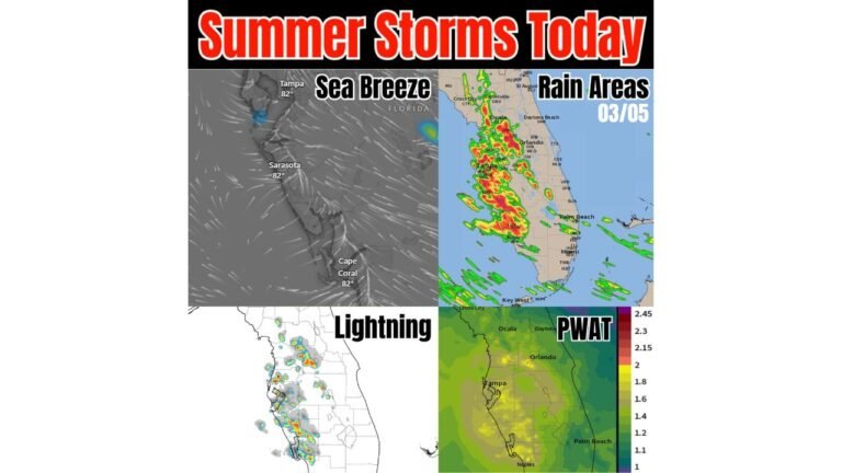Sea Breeze Storms Fire Up Along Florida’s West Coast From Tampa to Naples, Heavy Downpours and Lightning Likely Near I-75 Corridor