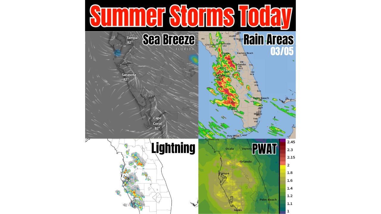 Sea Breeze Storms Fire Up Along Florida’s West Coast From Tampa to Naples, Heavy Downpours and Lightning Likely Near I-75 Corridor
