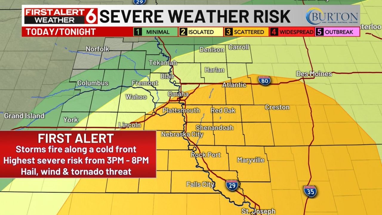 Severe Risk Shifts North: Omaha, Atlantic, Red Oak and Nebraska City Now in Higher Threat Zone for Tennis Ball Hail and 80 MPH Winds