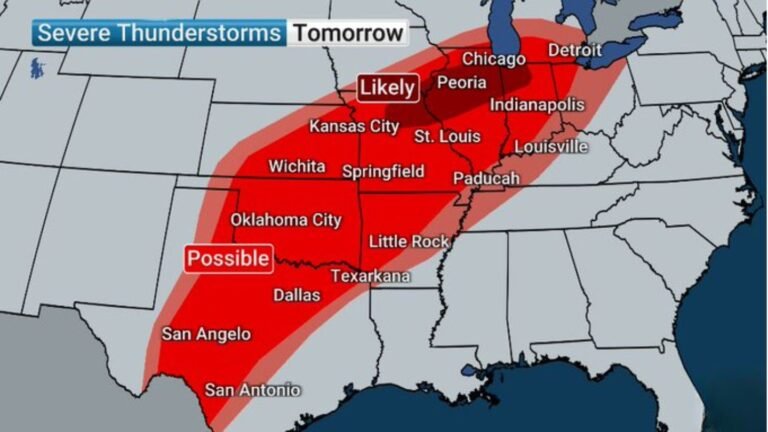 Severe Storms Target Texas to Illinois Monday, Then Intensify Tuesday as Chicago, Peoria and Indianapolis Face Elevated Tornado Risk