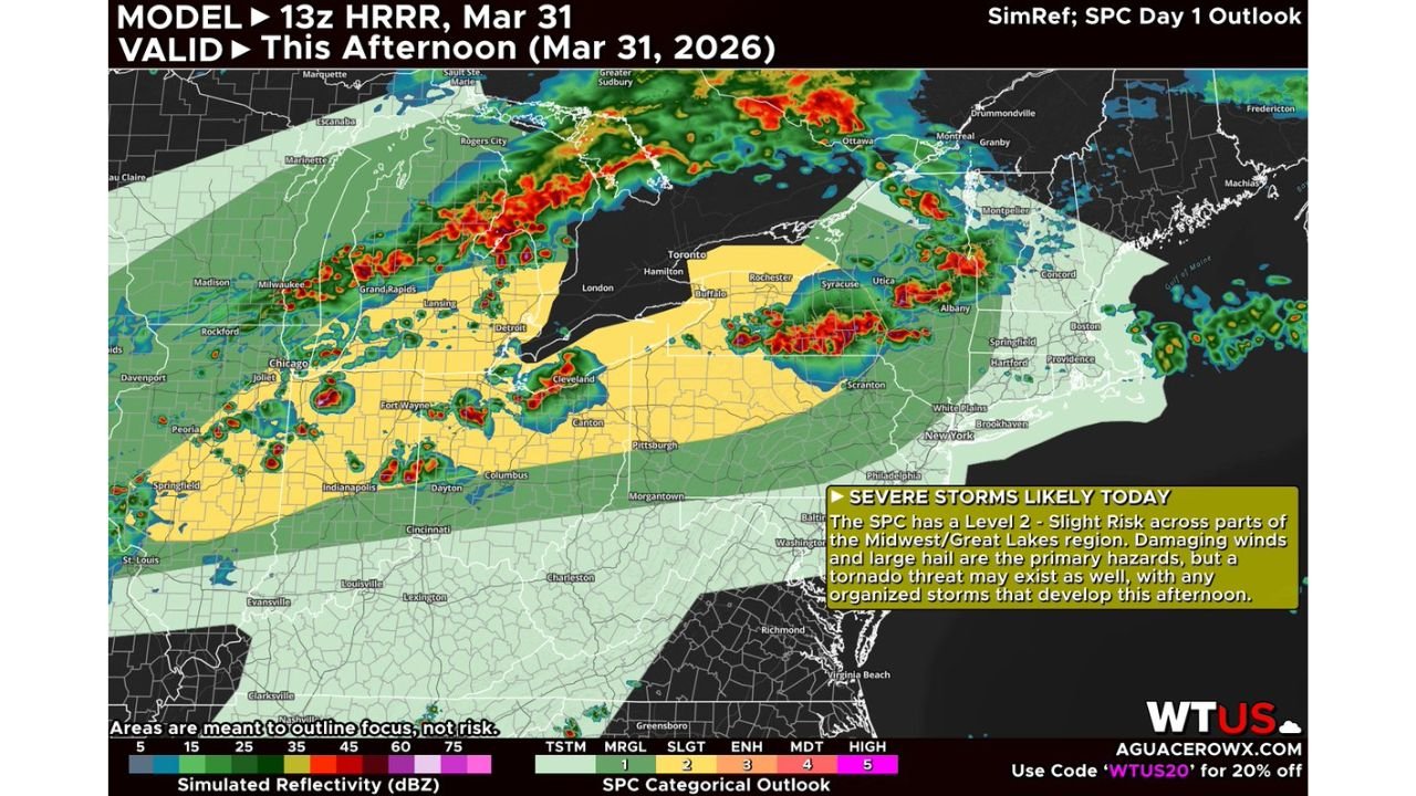 Severe Thunderstorms Likely Across Illinois, Wisconsin, Michigan, Indiana, Ohio, Pennsylvania, and New York This Afternoon and Evening With Damaging Winds, Large Hail, and Isolated Tornado Threat