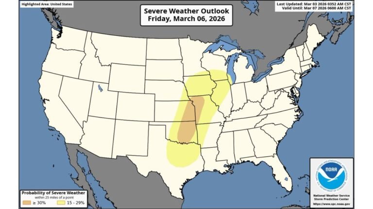 Severe Weather Corridor Expands from Texas to the Midwest on Friday, March 6 as Oklahoma, Missouri, Iowa and Illinois Face Elevated Storm Risk