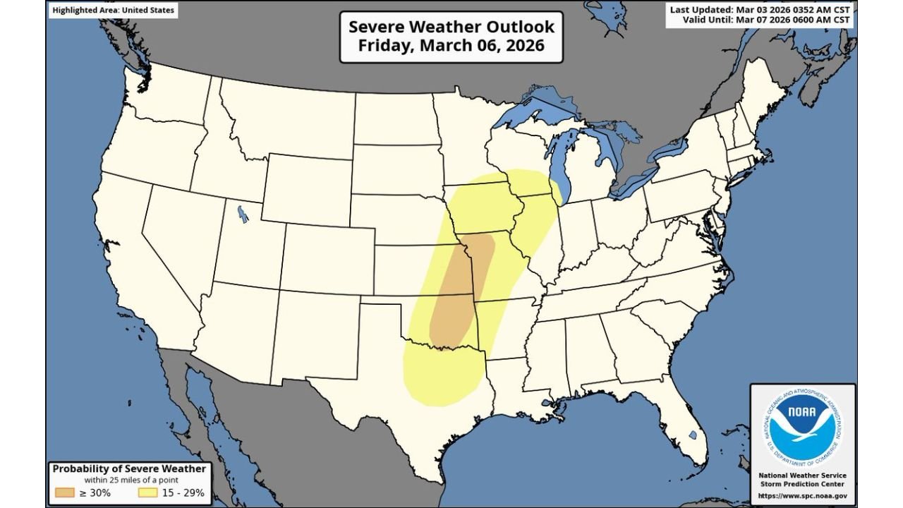 Severe Weather Corridor Expands from Texas to the Midwest on Friday, March 6 as Oklahoma, Missouri, Iowa and Illinois Face Elevated Storm Risk