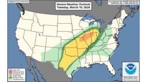 Severe Weather Outbreak Likely Tuesday from Texas Through Missouri, Illinois, Indiana and into Michigan as Tornado and Giant Hail Threat Expands