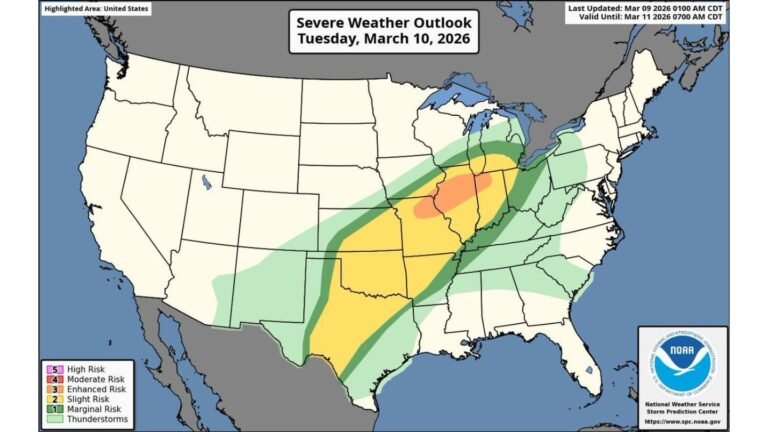 Severe Weather Outbreak Likely Tuesday from Texas Through Missouri, Illinois, Indiana and into Michigan as Tornado and Giant Hail Threat Expands