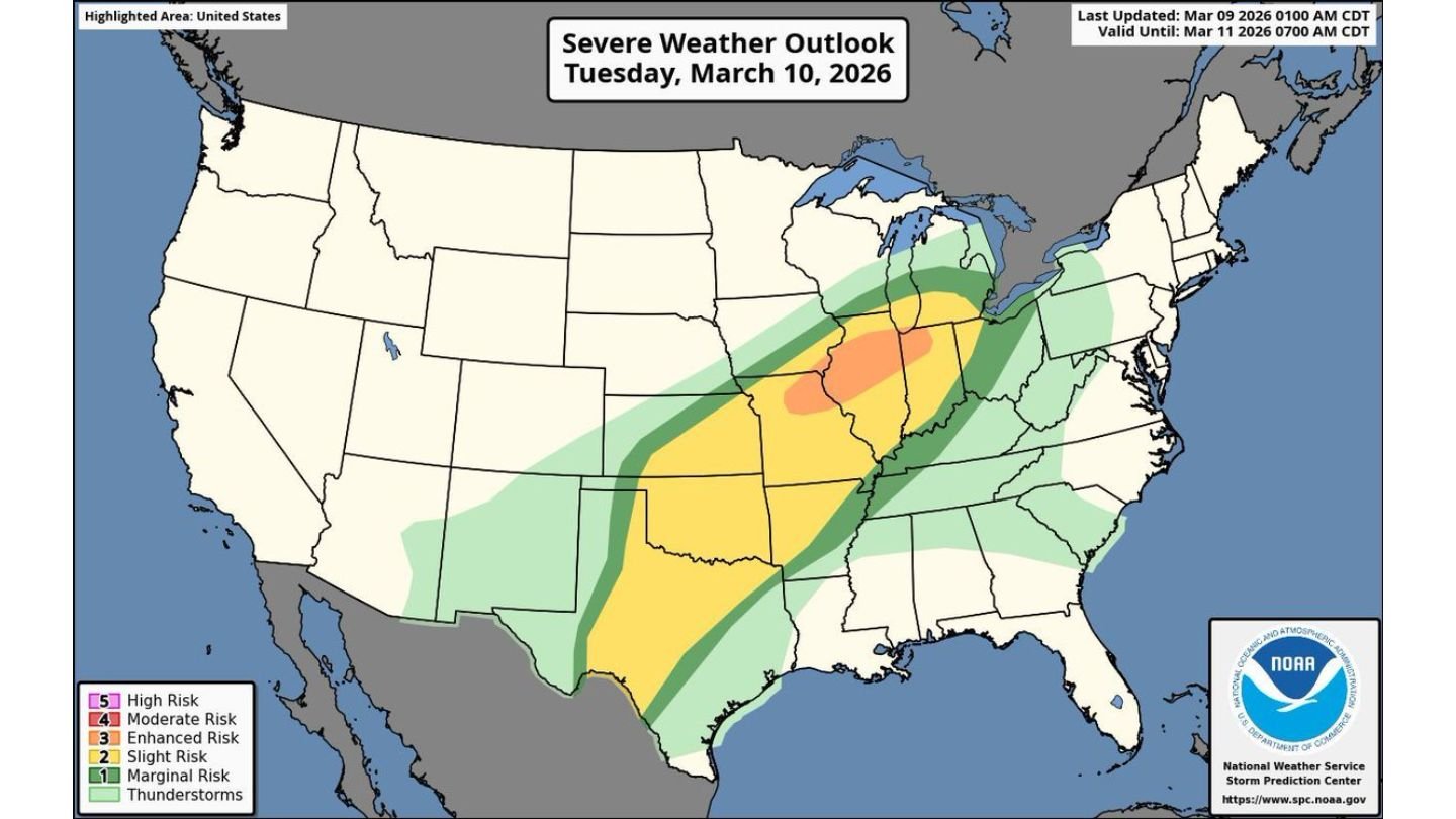Severe Weather Outbreak Likely Tuesday from Texas Through Missouri, Illinois, Indiana and into Michigan as Tornado and Giant Hail Threat Expands