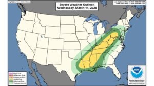 Severe Weather Shifts East Wednesday from Texas Through Mississippi, Tennessee and Into New York as Damaging Winds and Tornadoes Remain Possible
