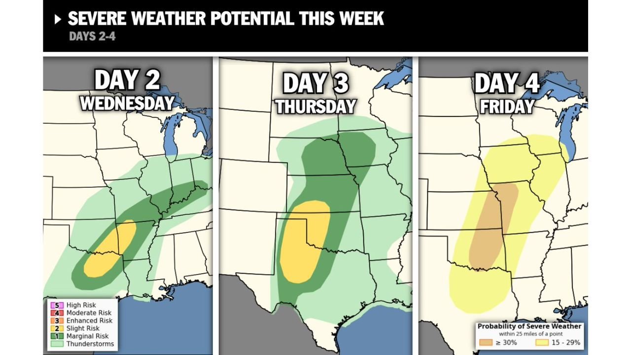 Severe Weather Threat Expands Across Texas, Oklahoma, Arkansas, Missouri, Illinois and Indiana Through Friday With Large Hail, Damaging Winds and Tornado Risk