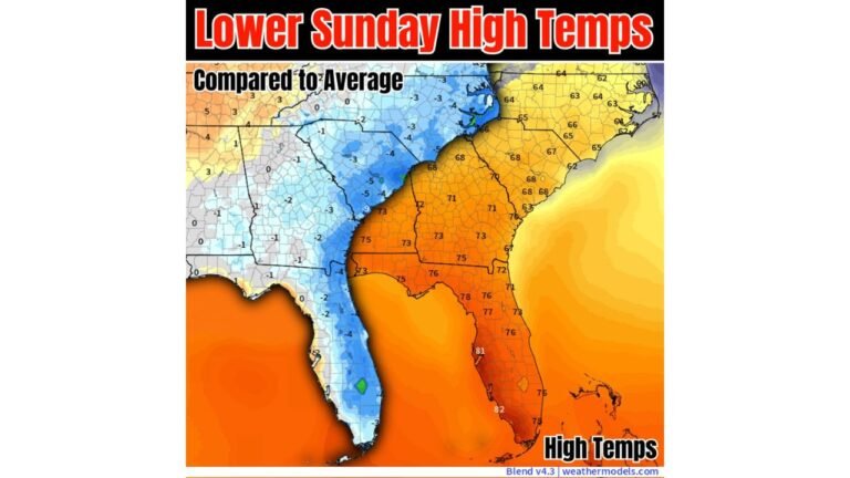 Southeast States Including Georgia South Carolina North Carolina and Florida See Cooler Sunday Temperatures As Weak Front Pushes Through Region