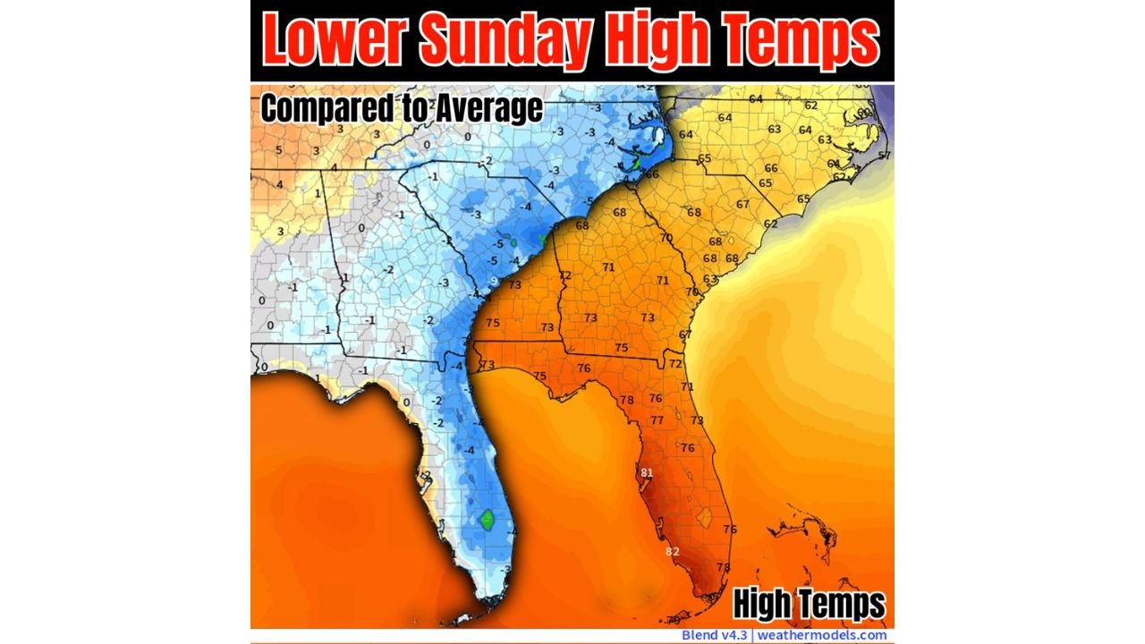 Southeast States Including Georgia South Carolina North Carolina and Florida See Cooler Sunday Temperatures As Weak Front Pushes Through Region