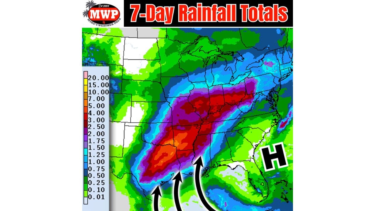 Spring Pattern Takes Hold as Southeast High Pressure Steers 4–7+ Inches of Rain from Texas Through Arkansas, Tennessee and Into the Ohio Valley