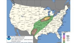 Strong Tornado Risk Expands from Texas Through Missouri, Illinois and Indiana as SPC Flags 10% Significant Threat Tuesday