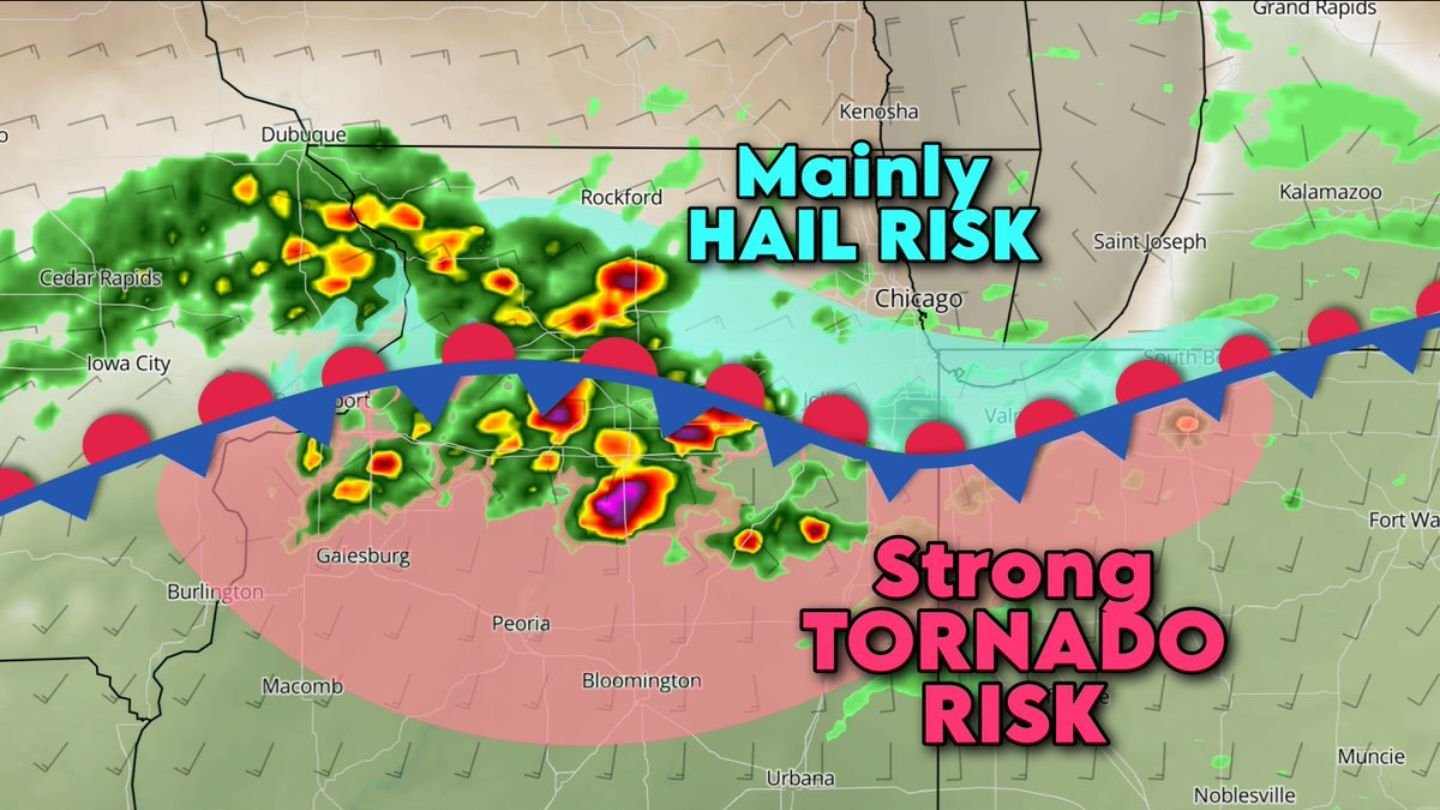 Strong Tornado and Baseball-Size Hail Threat Targets Central Illinois and Northwest Indiana as Warm Front Divides High-Risk Zone