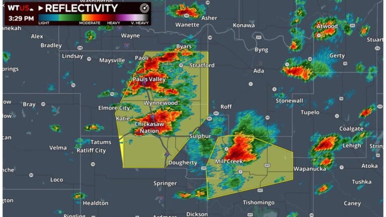 Supercells Explode Across Southern Oklahoma: Large Hail Hammering Near Pauls Valley and Sulphur as Tornado Risk Expected to Rise Into Evening