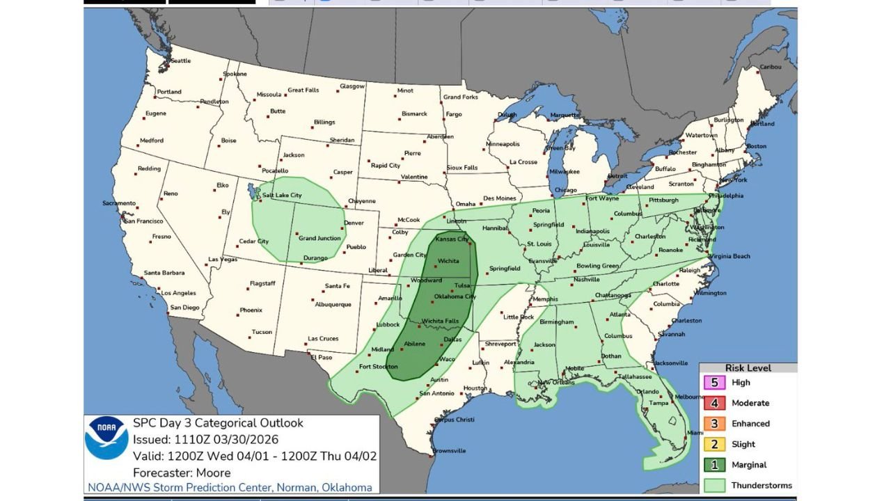 Texas, Oklahoma, Kansas Lead Expanding Severe Storm Zone While Central and Eastern U.S. See Widespread Thunderstorm Corridor