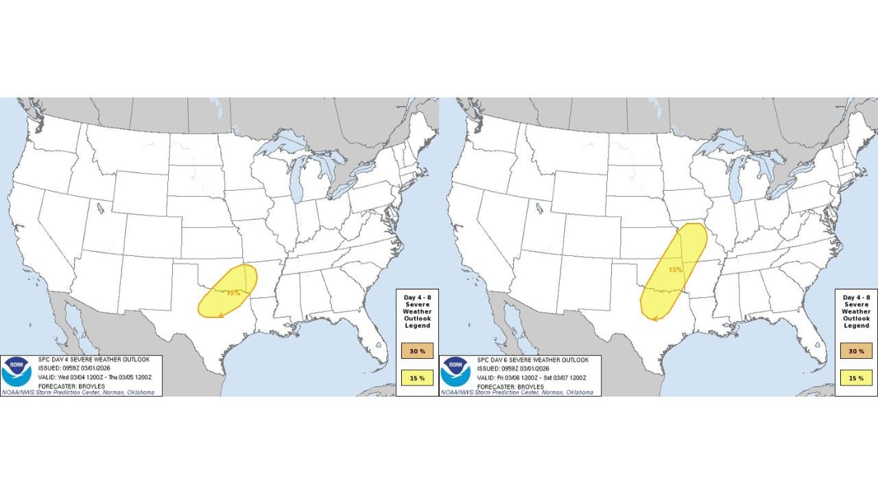 Two Severe Weather Risk Areas Outlined in SPC Day 4–8 Outlook, Targeting Southern Plains and Missouri Valley Midweek Into Friday