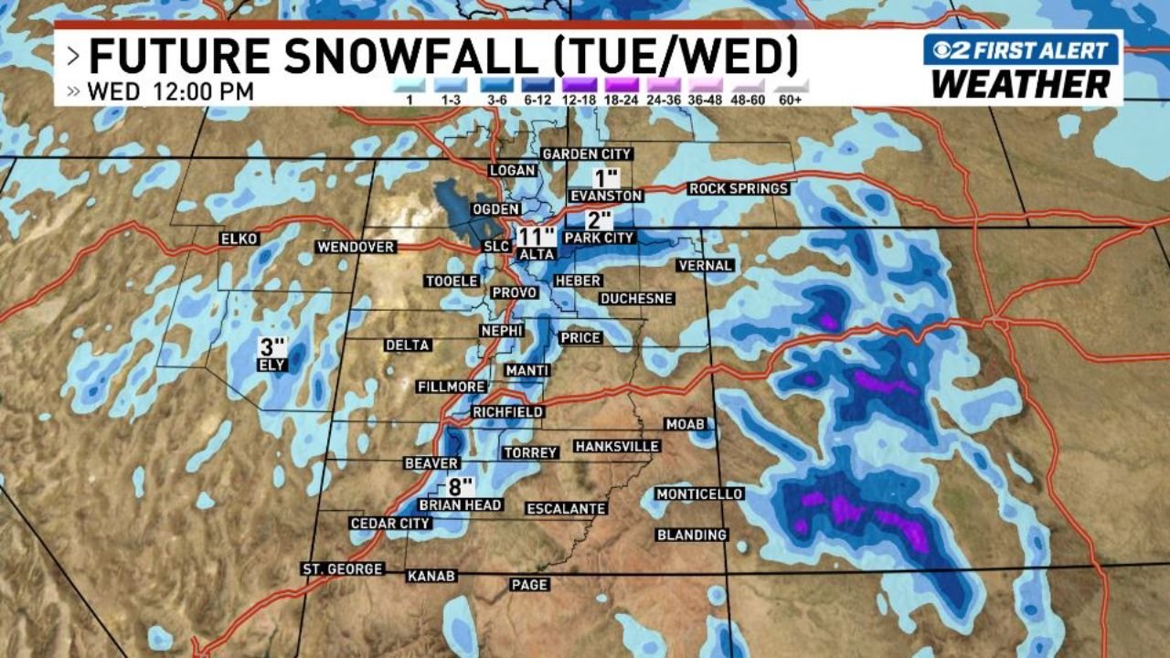 Utah Mountains to Receive 3 to 11 Inches of Snow Tuesday Through Wednesday With Alta, Cottonwood Canyons, and Brian Head in the Heaviest Zone Before a Second Colder Storm Arrives Thursday Through Friday