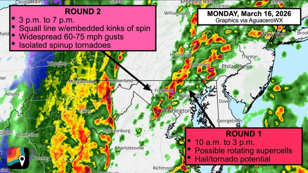 Virginia, Maryland, and Washington DC Prepare for Two Rounds of Severe Storms Monday With Tornado Risk First and 75 MPH Squall Line Later