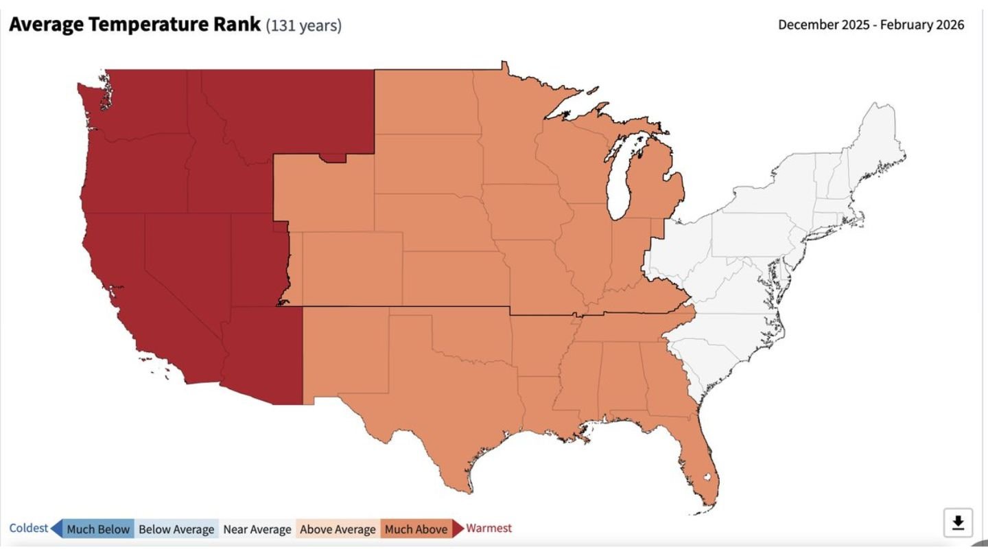 Winter 2025–2026 Becomes Warmest on Record in the Western U.S., Marking a Historic 4-Sigma Climate Event