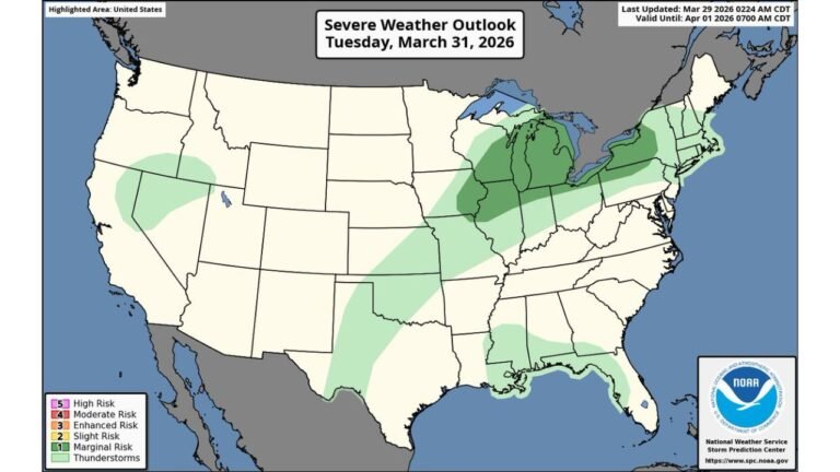 Wisconsin, Iowa, Illinois, Indiana, Ohio, Michigan, and Pennsylvania Face Isolated to Scattered Severe Storm Threat Monday and Tuesday With Damaging Winds, Hail, and Low-End Tornado Risk
