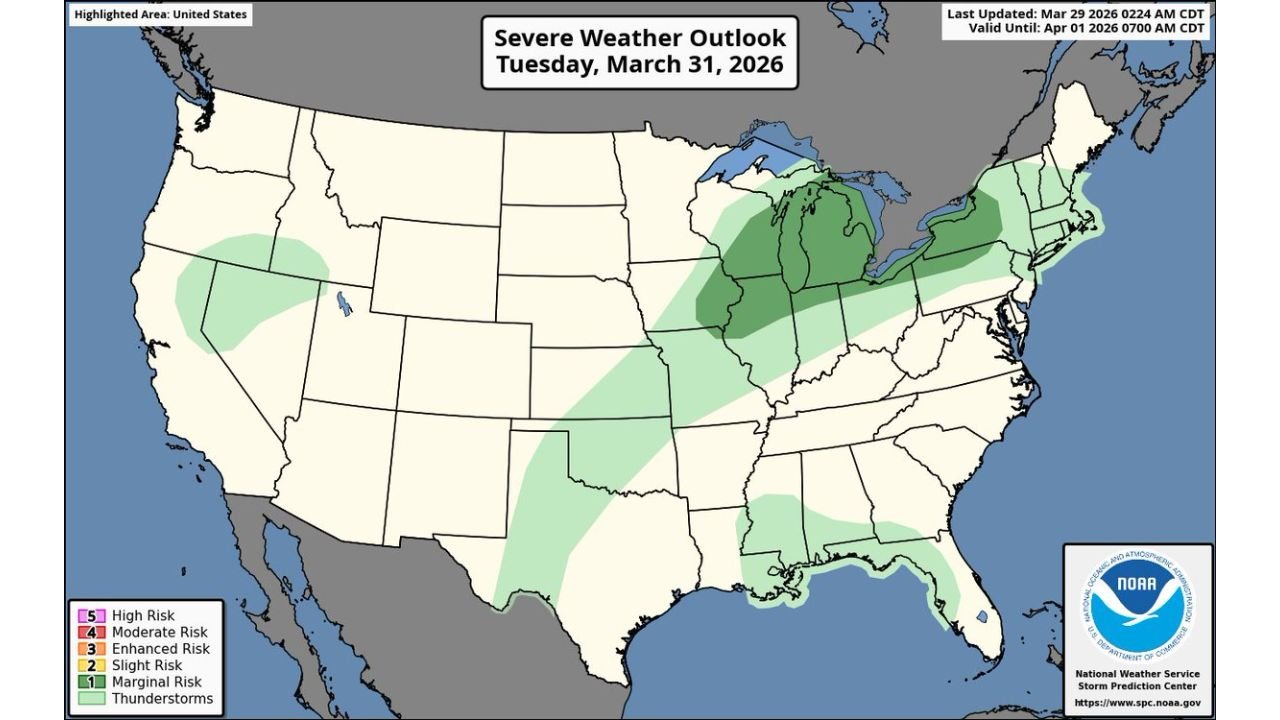 Wisconsin, Iowa, Illinois, Indiana, Ohio, Michigan, and Pennsylvania Face Isolated to Scattered Severe Storm Threat Monday and Tuesday With Damaging Winds, Hail, and Low-End Tornado Risk