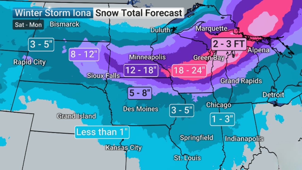 Wisconsin and Michigan Face 2–3 Feet of Snow as Winter Storm Iona Targets Green Bay, Marquette, Alpena and Surrounding Upper Midwest Cities