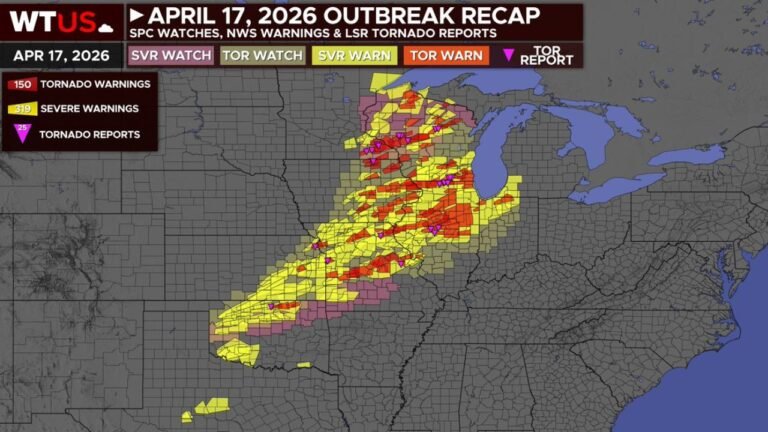 150 Tornado Warnings Issued as Violent Outbreak Strikes Southern Plains to Great Lakes April 17