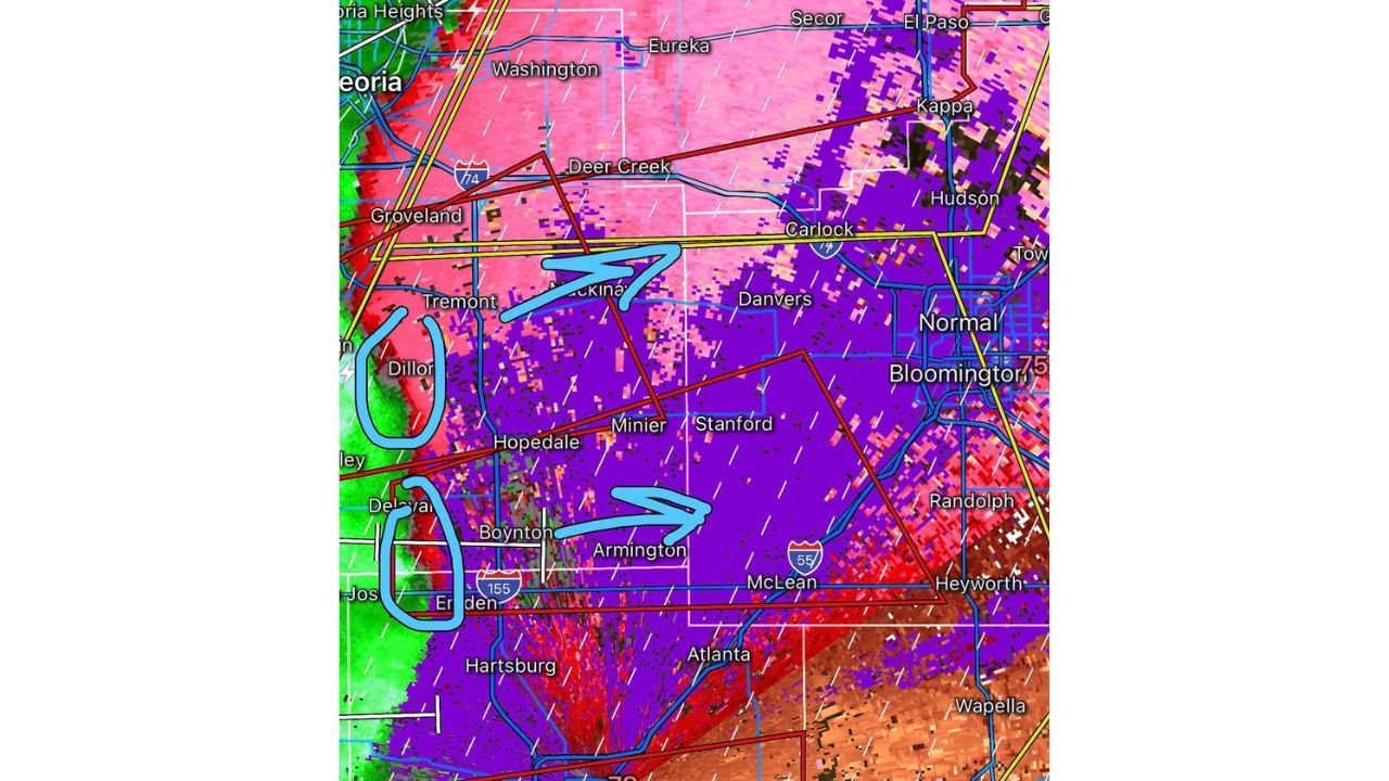 2 Confirmed Tornadoes With 70 to 85 MPH Winds Barrel Toward Bloomington Illinois Right Now