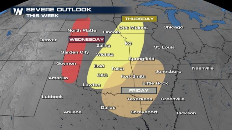 3 Days of Severe Storms Sweep From the Northern Plains to Oklahoma and Arkansas Wednesday Through Friday This Week