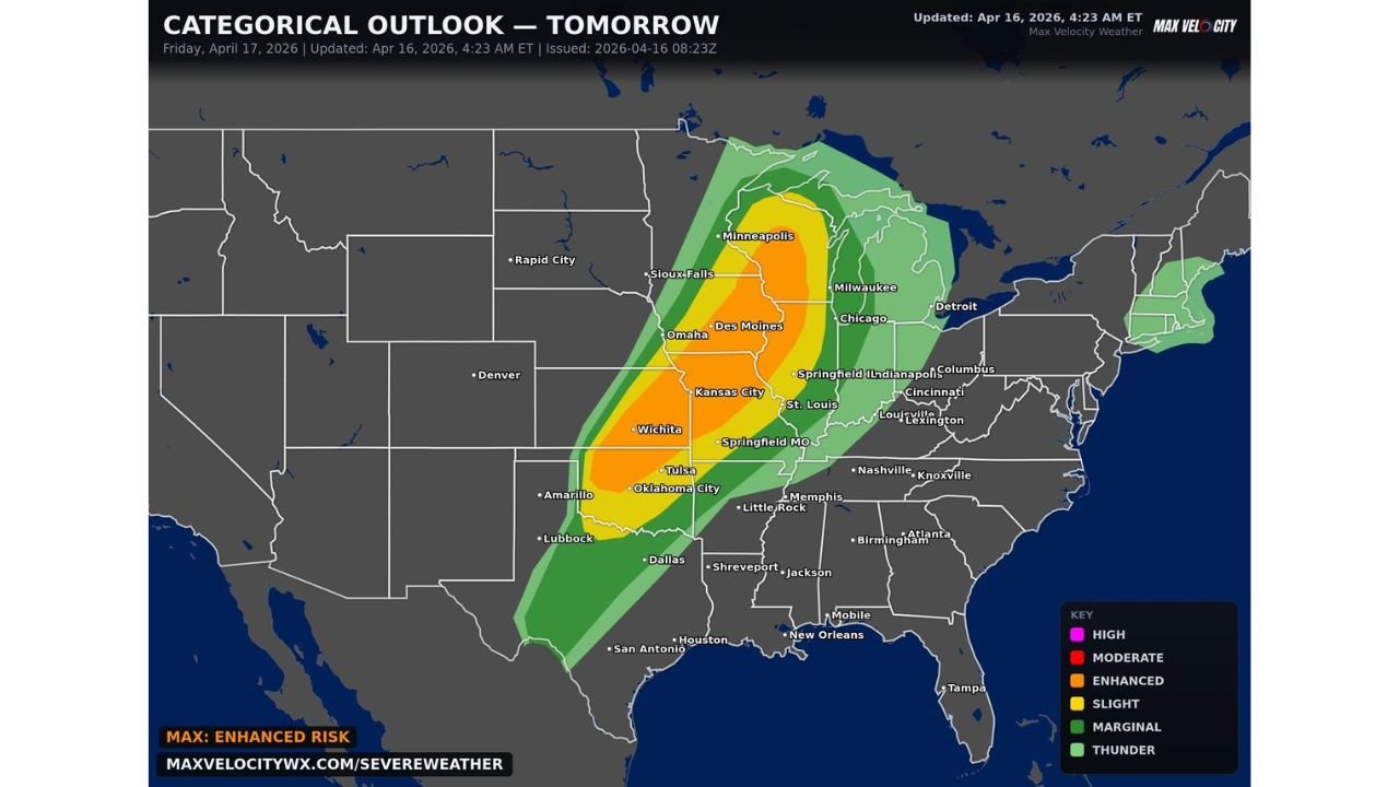 48 Million People Face a Very Dangerous Friday as Damaging Winds, Very Large Hail, and Multiple Tornadoes Threaten the Plains and Midwest From 2 PM Through Overnight