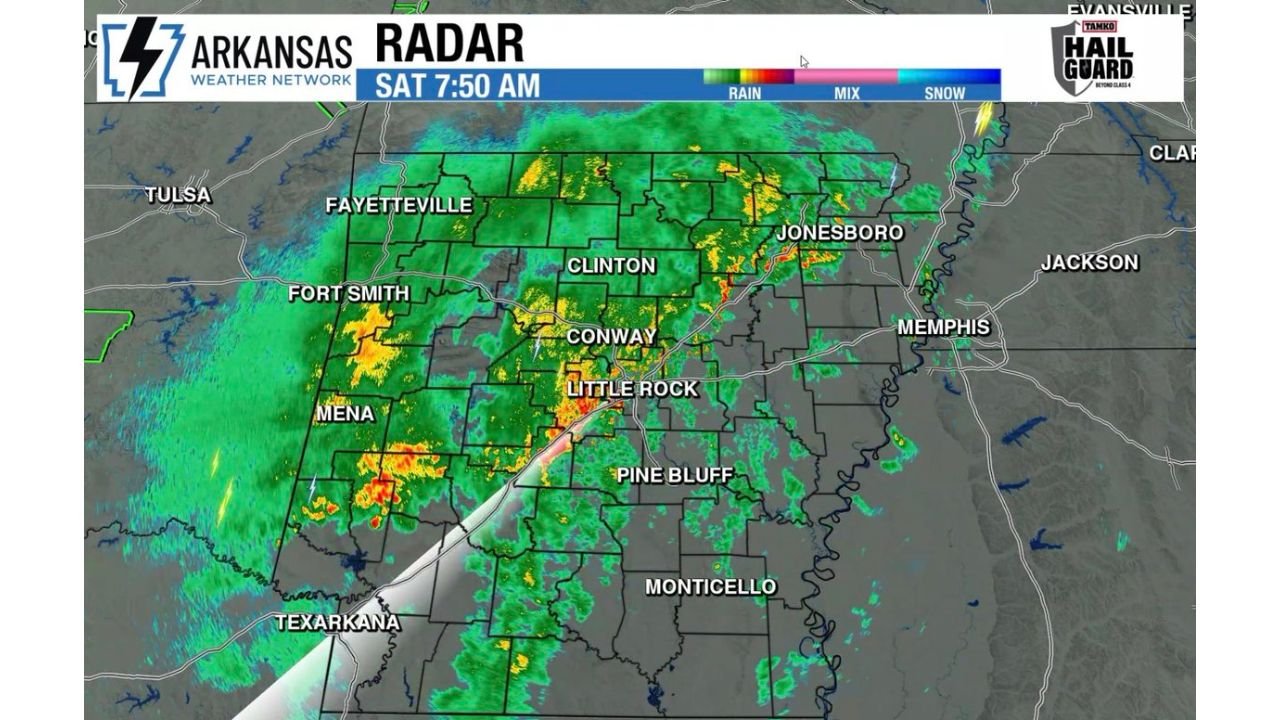 7:50 AM Radar to Evening Clear-Out: Widespread Arkansas Rain Sweeps From Texarkana to Jonesboro With Calm Conditions Ahead