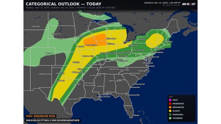 A Dangerous Day Is Here: Giant Hail, Damaging Winds, and Strong Tornadoes Likely From Texas Through the Midwest and Into the Northeast as Wisconsin, Illinois, Iowa, Oklahoma, and Texas Face the Highest Tornado Threat