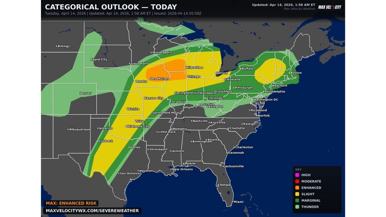 A Dangerous Day Is Here: Giant Hail, Damaging Winds, and Strong Tornadoes Likely From Texas Through the Midwest and Into the Northeast as Wisconsin, Illinois, Iowa, Oklahoma, and Texas Face the Highest Tornado Threat