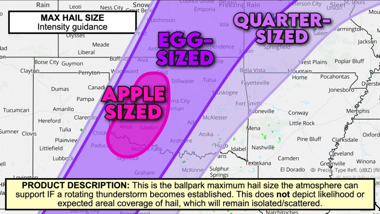 Apple-Sized Hail on the Table for Southwest Oklahoma: The Southern Plains Dryline Is Loaded for Destructive Hail Today From Lawton and Altus Through Oklahoma City and Into the Egg-Sized Zone Stretching Toward Tulsa and Wichita