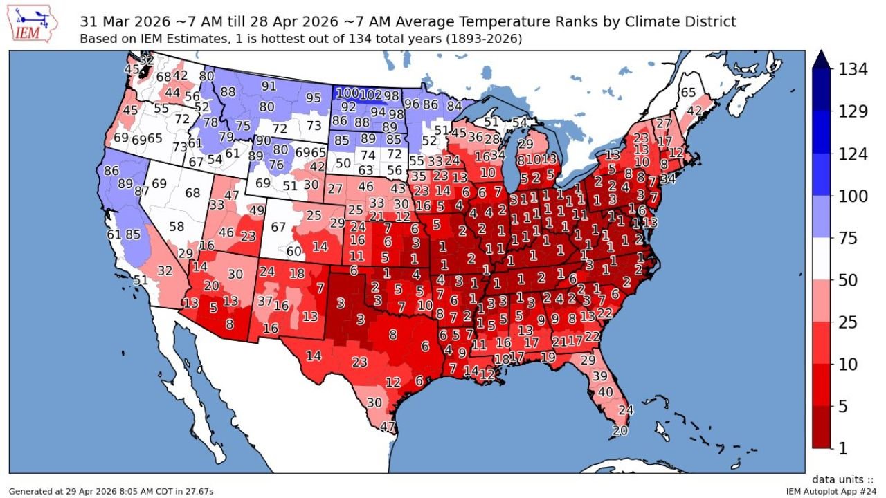 April 2026 Is On Track to Be One of the Warmest Ever Recorded Across the US With Some Districts Hitting Warmest Since 1893