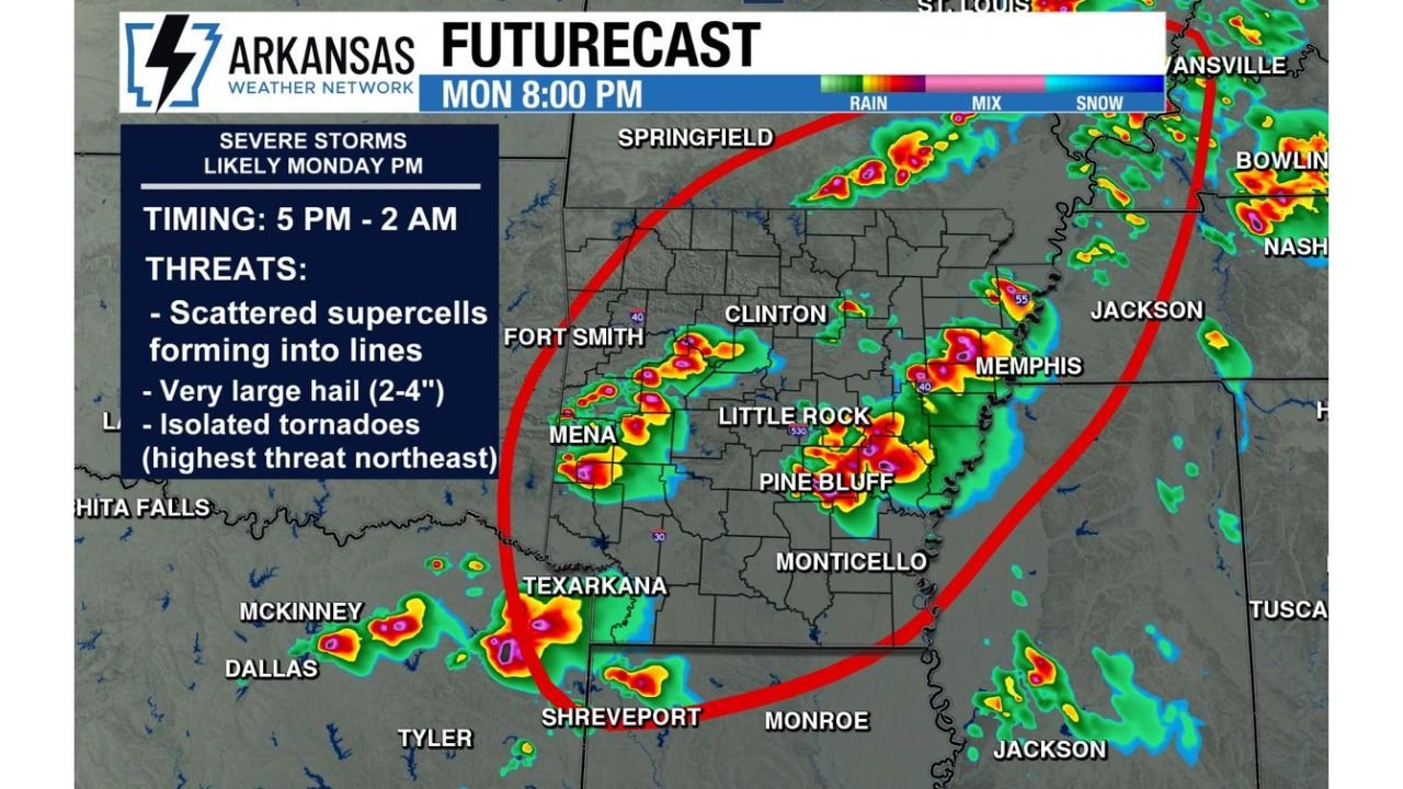 Arkansas Faces Scattered Supercells, Very Large Hail and Isolated Tornadoes From 5 PM Through 2 AM Tuesday