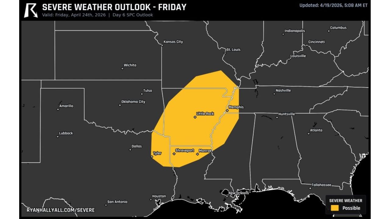 Arkansas, Memphis and Shreveport Square Up for Severe Weather Outbreak Friday April 24 With Large Risk Zone