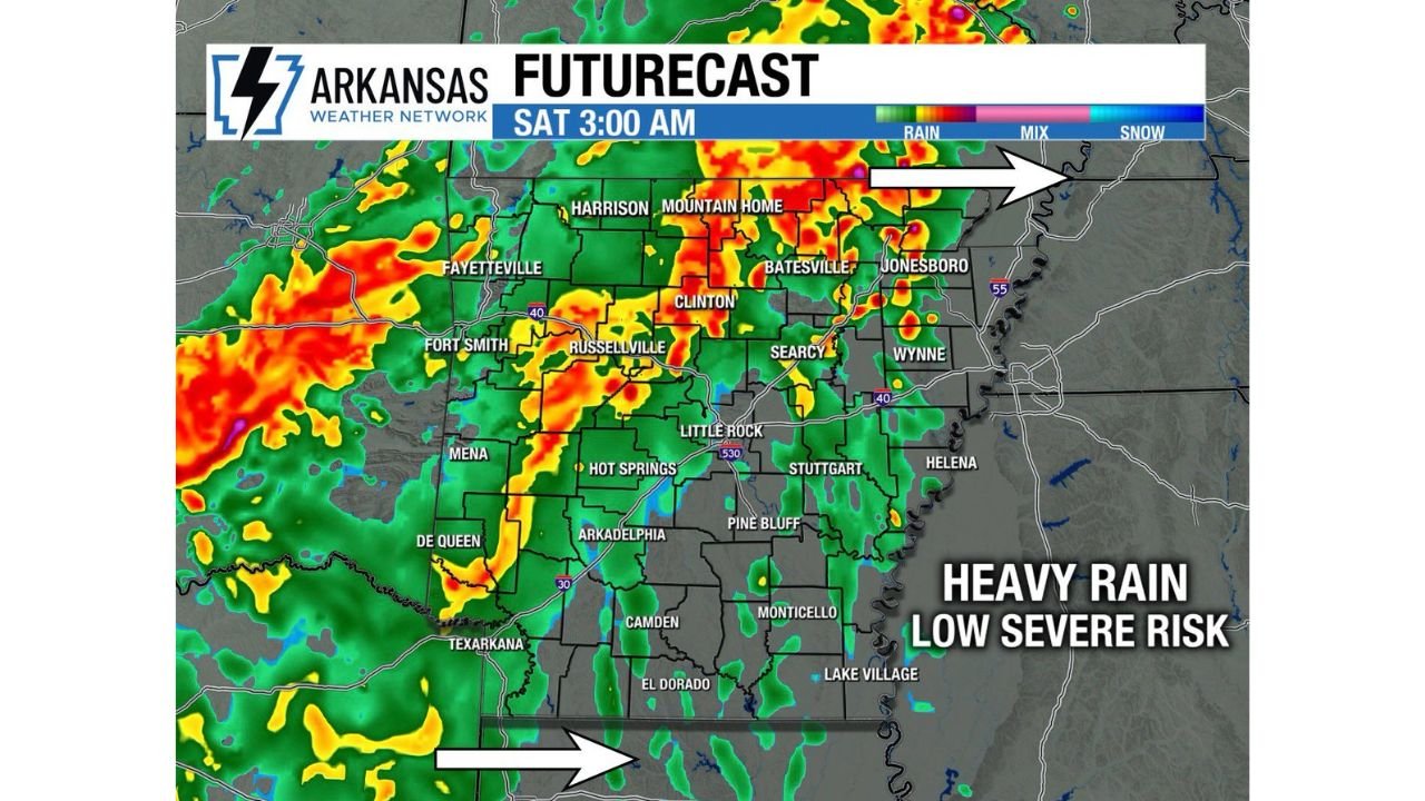 Arkansas Rain Surge Builds Overnight Into Saturday With Heavy Downpours and Low Severe Storm Risk Across the State