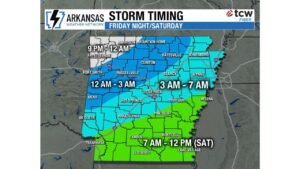Arkansas Storm Timeline Shows Overnight Rain Arrival From Fayetteville to Little Rock Before Clearing Saturday Afternoon