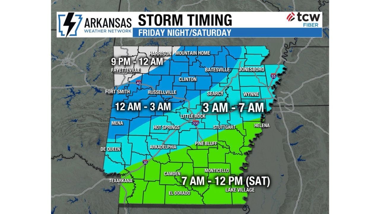 Arkansas Storm Timeline Shows Overnight Rain Arrival From Fayetteville to Little Rock Before Clearing Saturday Afternoon