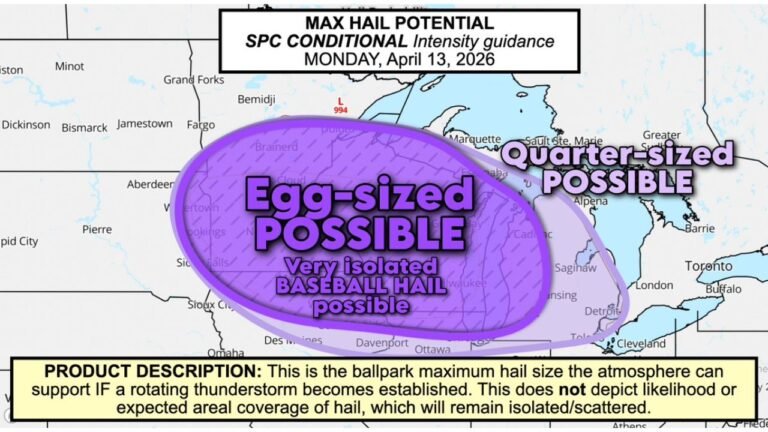 Bigger Than a Baseball: Twin Cities, Eau Claire, and Madison Face a Very Favorable Hail Setup on Monday as the Atmosphere Supports Egg-Sized Hail If Storms Get Rotating