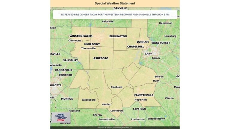 Burn Ban in Effect and Wildfires Could Spread Fast: Special Weather Statement Puts the Western Piedmont and Sandhills on High Fire Danger Alert Through 8 PM as Gusty Winds and Bone-Dry Conditions Grip Person, Forsyth, Cabarrus, and Surrounding Counties