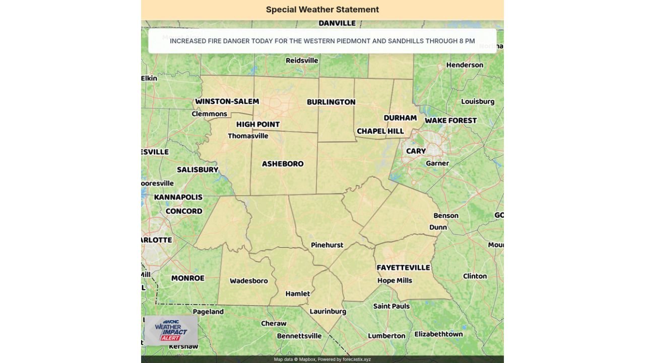 Burn Ban in Effect and Wildfires Could Spread Fast: Special Weather Statement Puts the Western Piedmont and Sandhills on High Fire Danger Alert Through 8 PM as Gusty Winds and Bone-Dry Conditions Grip Person, Forsyth, Cabarrus, and Surrounding Counties