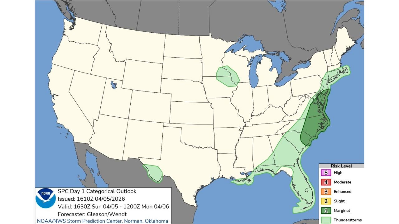 Carolinas, Virginia, Maryland and Coastal Northeast Under Marginal Severe Storm Risk as System Tracks Up the East Coast Sunday