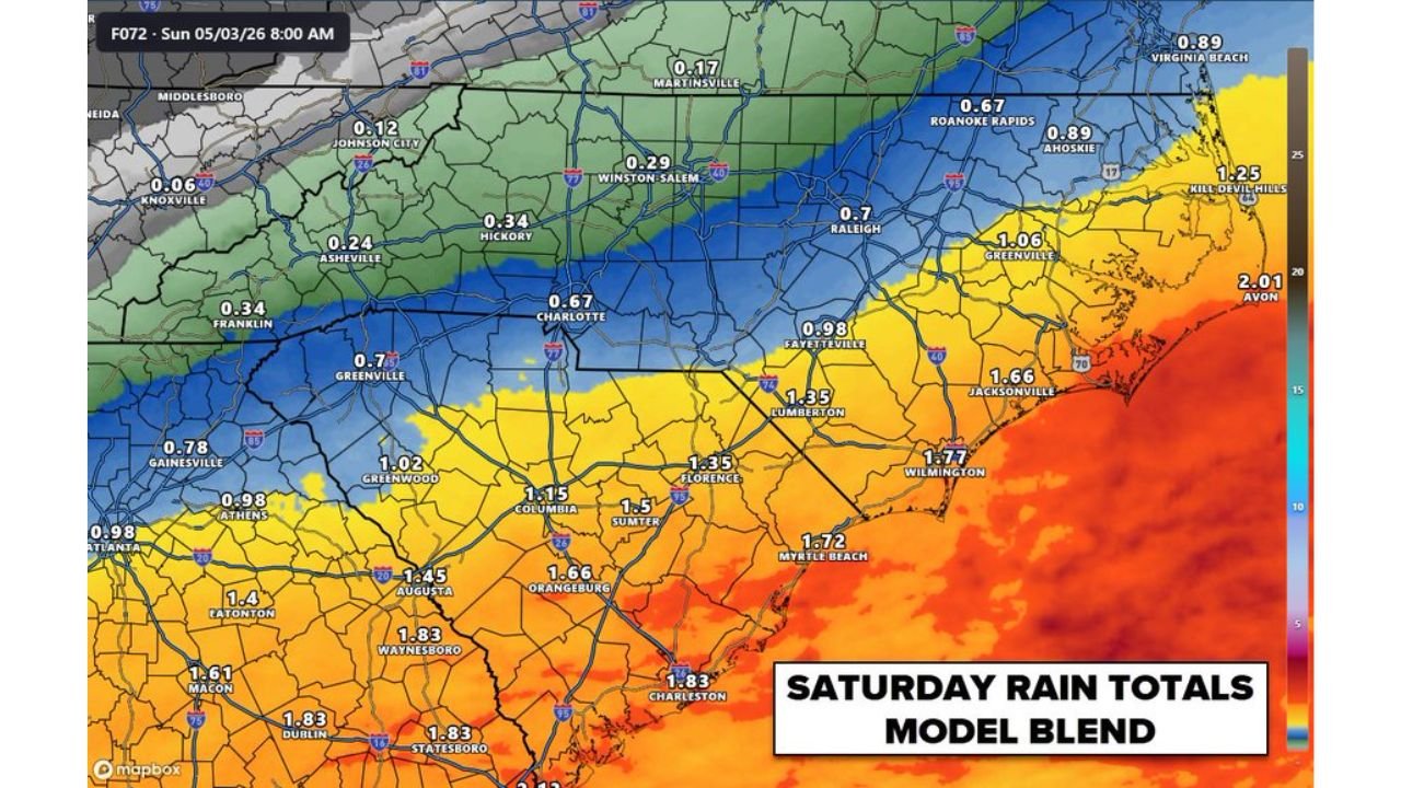 Carolinas and Georgia Face Cloudy, Cool and Damp Saturday With Heavy Rain Near the Coast and a Sharp Gradient Inland