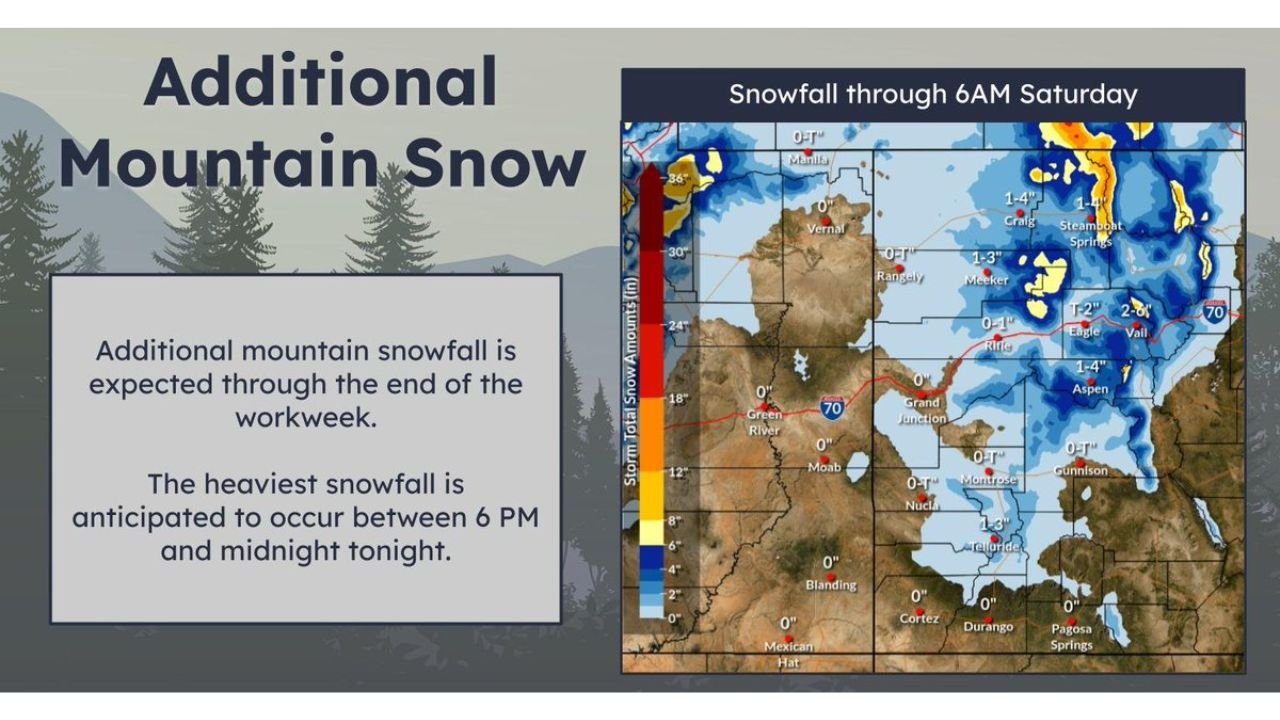 Colorado and Utah Mountain Regions Expect Heavy Evening Snowfall With Peak Between 6 PM and Midnight and Freezing Temperatures Expanding Overnight
